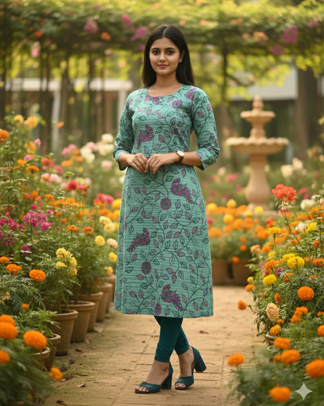 Premium Straight Cut Kurti – Spanish Green Colour with Beautiful Floral Print