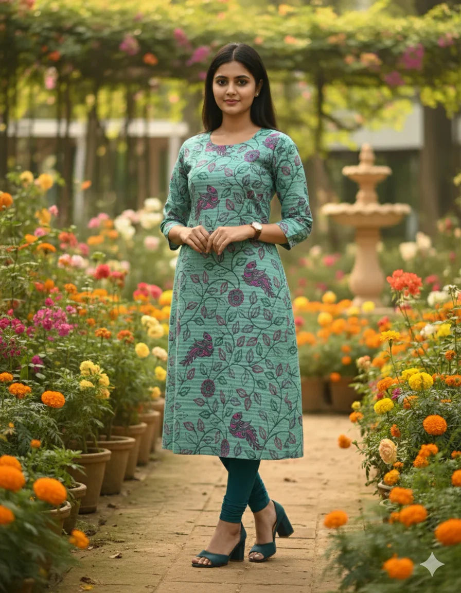 Premium Straight Cut Kurti – Spanish Green Colour with Beautiful Floral Print