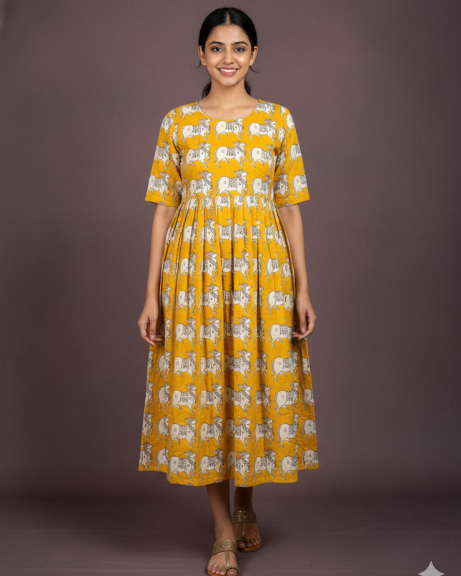 Kalamkari Pichwai Cow Design Frock – Yellow Colour | Handloom Ethnic Wear with Half Lining
