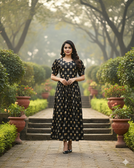 Premium Mul Cotton Frock Black – Puff Sleeve Design with Knots, Zero Shrinkage