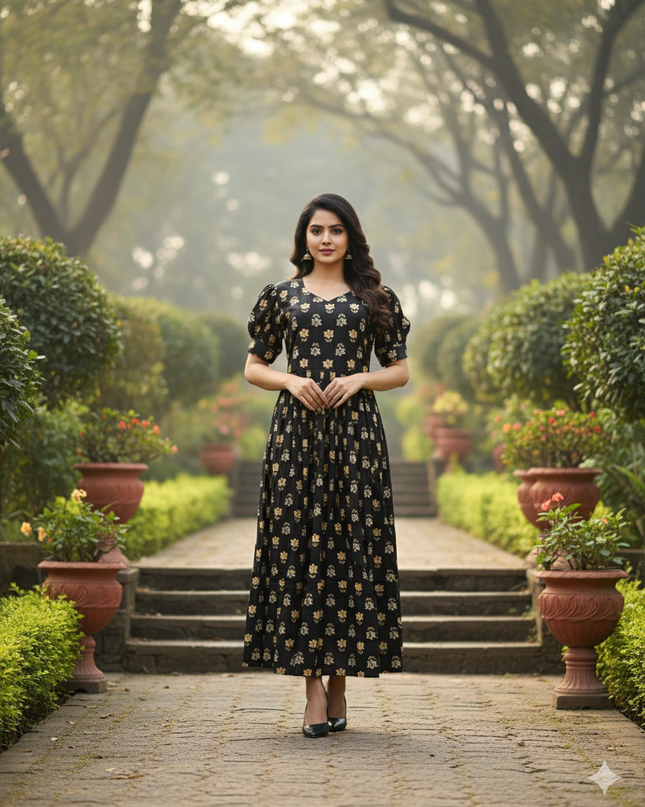 Premium Mul Cotton Frock Black – Puff Sleeve Design with Knots, Zero Shrinkage