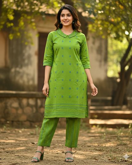Premium Cotton Wooven Co-ord Set with Green Colour