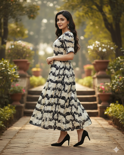 Premium Mul Cotton Frock Black – Puff Sleeve Design with Knots, Zero Shrinkage