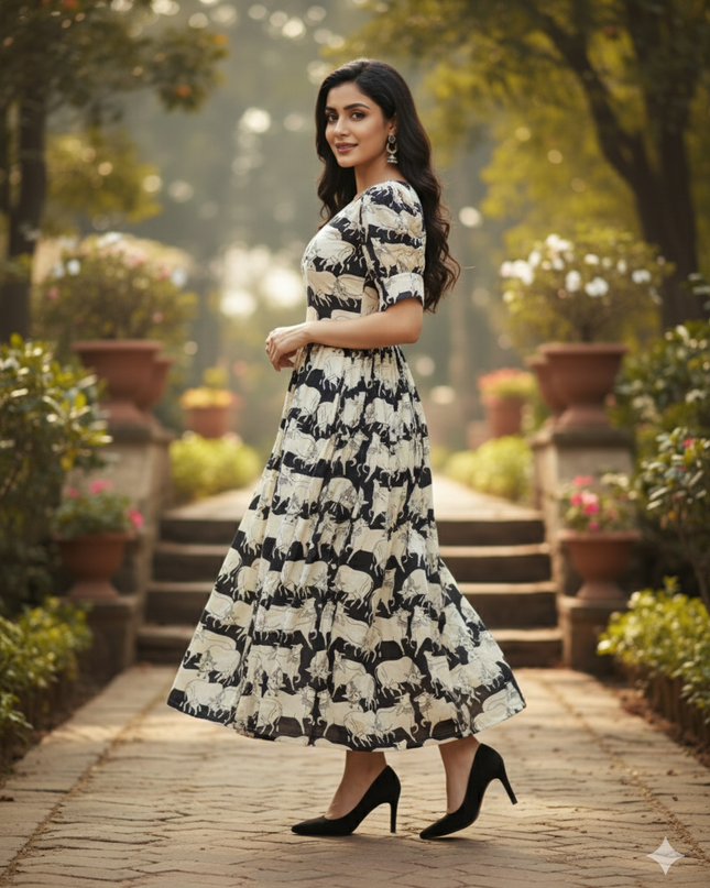Premium Mul Cotton Frock Black – Puff Sleeve Design with Knots, Zero Shrinkage