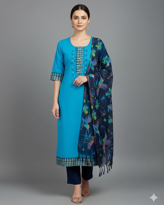 Mangalagiri Cotton Kurti Set Sky Blue – Straight Cut Style, Elbow Length Sleeves