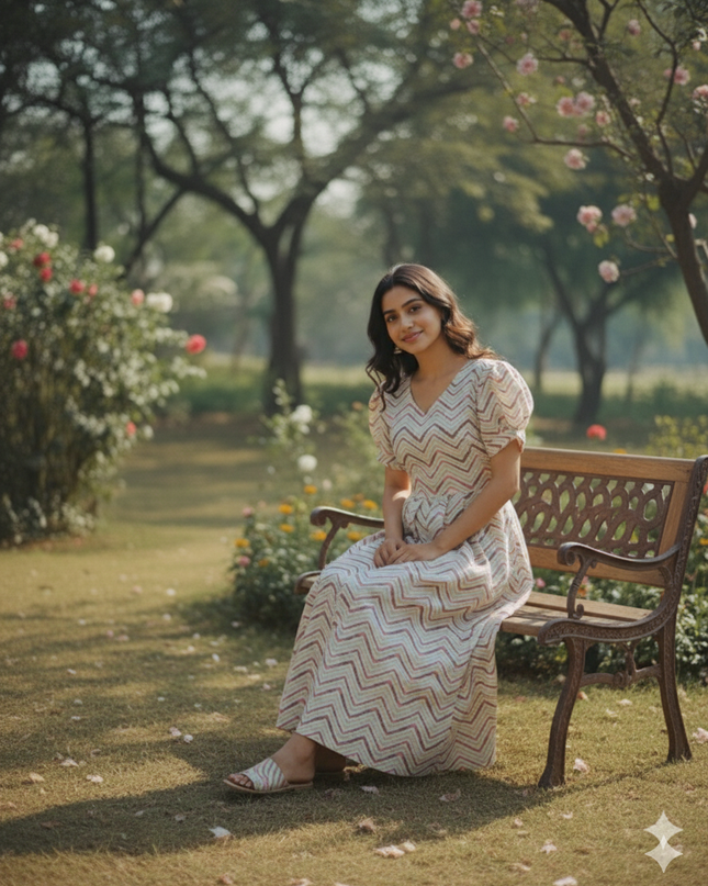 Premium Mul Cotton Frock Cream – Puff Sleeve Design with Knots, Zero Shrinkage