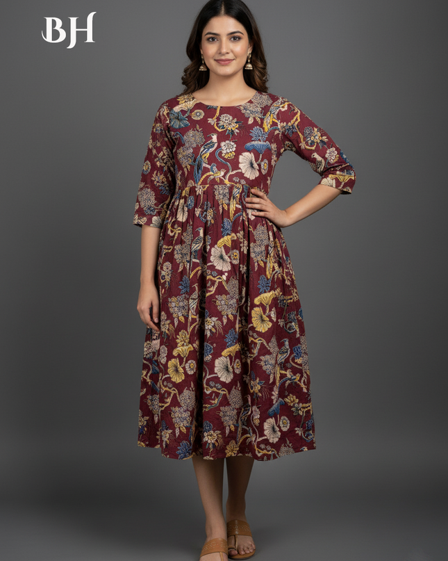 Kalamkari Design Frock – Dark Brown Colour | Handloom Ethnic Wear with Half Lining