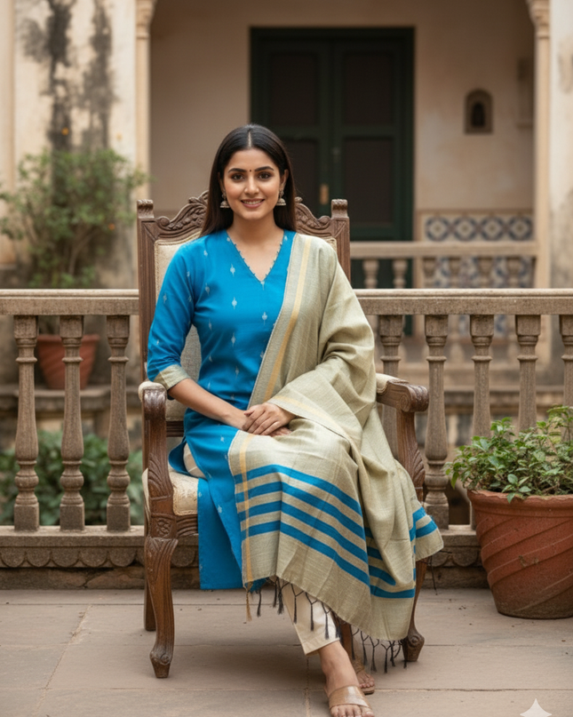 Raw Silk 3pc KurtiSet With Sky Blue Colour Full Length Lining | Gold Dupatta