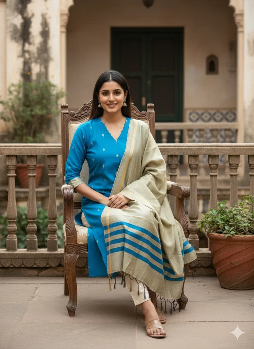 Raw Silk 3pc KurtiSet With Sky Blue Colour Full Length Lining | Gold Dupatta
