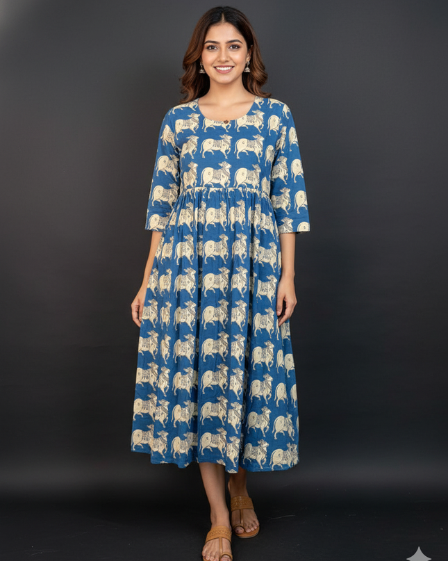 Kalamkari Pichwai Cow Design Frock – Blue Colour | Handloom Ethnic Wear with Half Lining