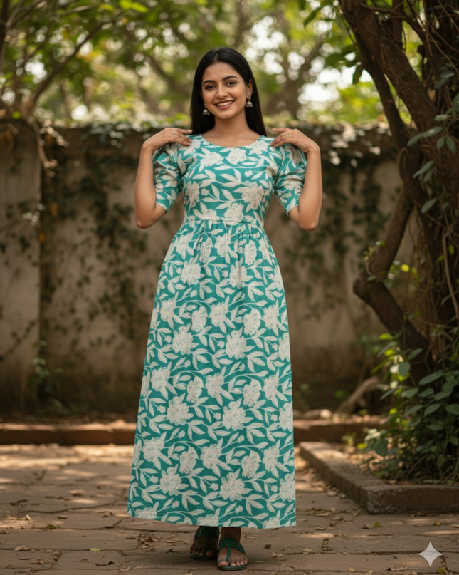 Premium Mul Cotton Frock Sky Blue – Puff Sleeve Design with Knots, Zero Shrinkage