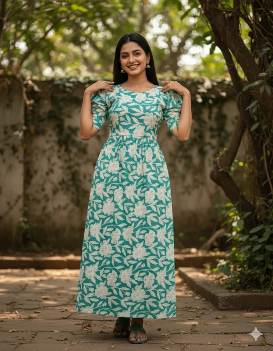 Premium Mul Cotton Frock Sky Blue – Puff Sleeve Design with Knots, Zero Shrinkage