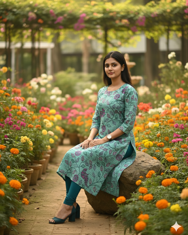 Premium Straight Cut Kurti – Spanish Green Colour with Beautiful Floral Print