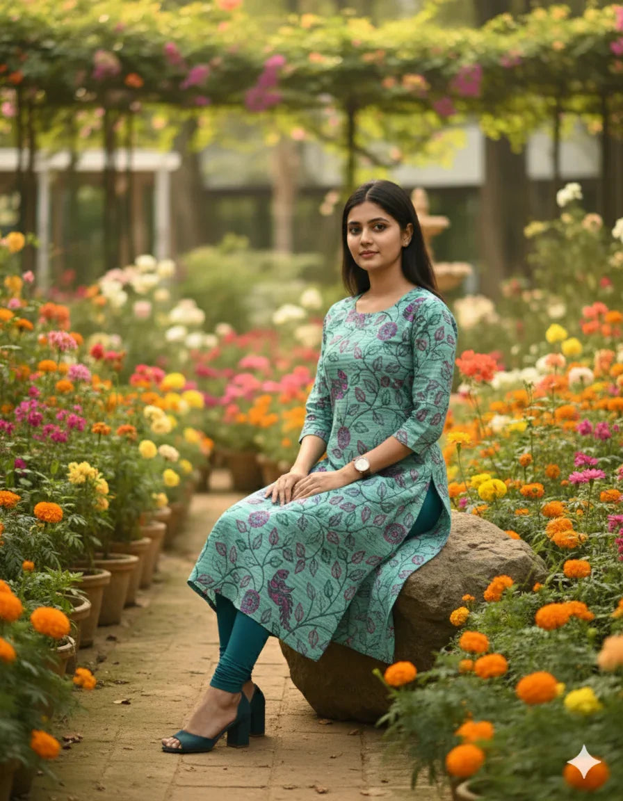 Premium Straight Cut Kurti – Spanish Green Colour with Beautiful Floral Print