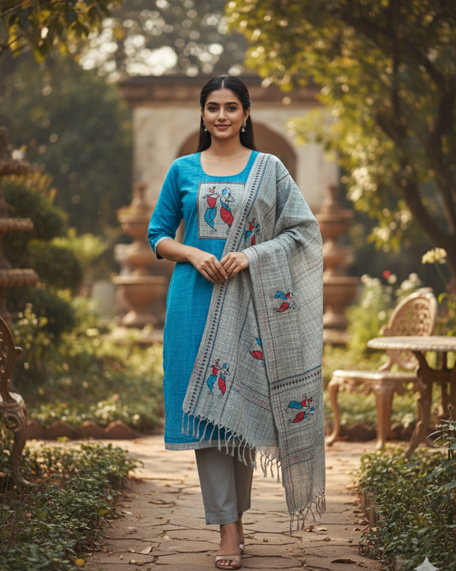 Radha Krishna Printed Cotton Readymade Kurti for Women – Sky Blue Straight Cut Kurti with Full-Length Lining