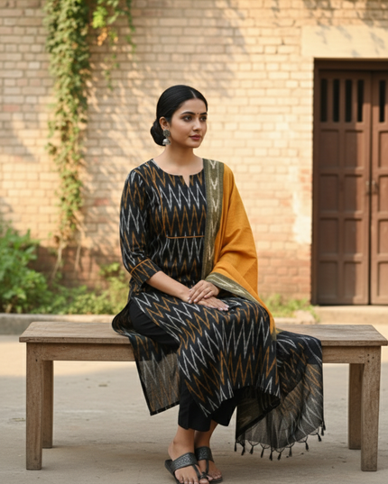 Premium Ikkat 3 Piece Stitched Set – Ready to Wear Kurta, Bottom & Dupatta – Black Colour Handloom Ethnic Wear