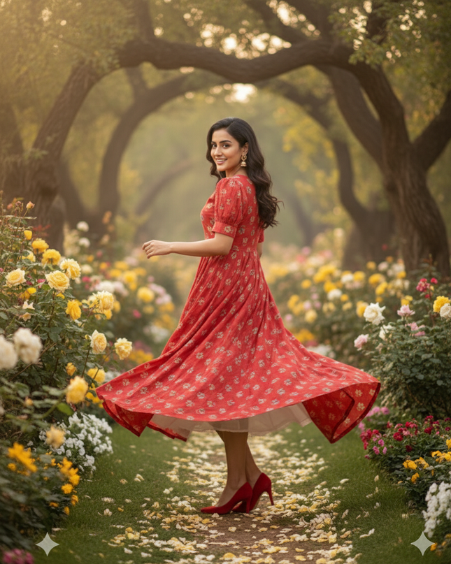 Premium Mul Cotton Frock Red – Puff Sleeve Design with Knots, Zero Shrinkage