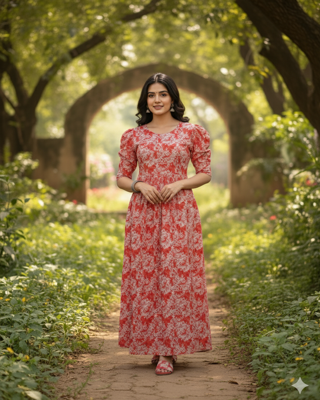 Premium Mul Cotton Frock Brunt Red – Puff Sleeve Design with Knots, Zero Shrinkage