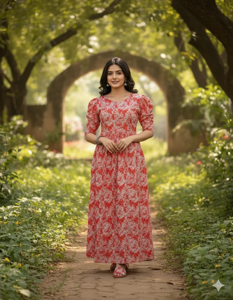 Premium Mul Cotton Frock Brunt Red – Puff Sleeve Design with Knots, Zero Shrinkage