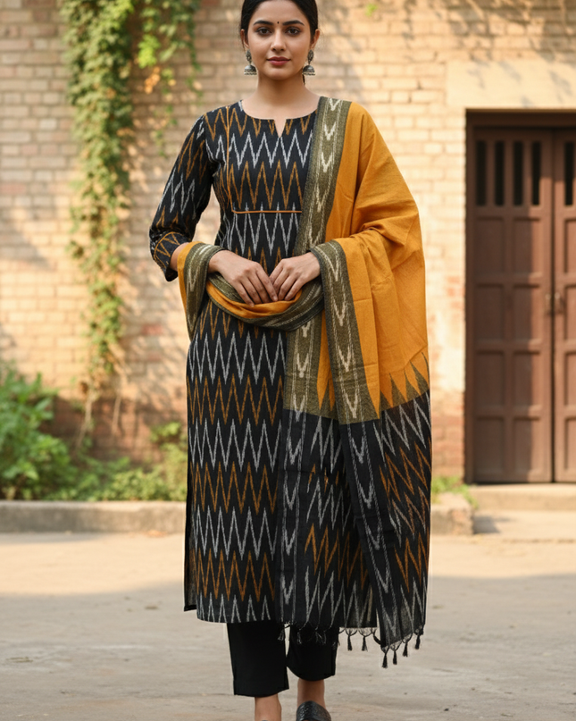 Premium Ikkat 3 Piece Stitched Set – Ready to Wear Kurta, Bottom & Dupatta – Black Colour Handloom Ethnic Wear