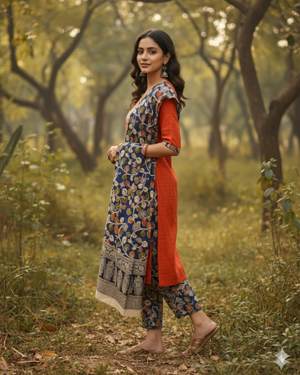 Kalamkari 3pc Set with Embroidery & Mirror Work Orange