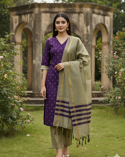Raw Silk 3pc KurtiSet With Purple Colour Full Length Lining | Gold Dupatta