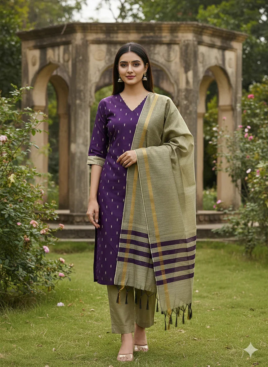 Raw Silk 3pc KurtiSet With Purple Colour Full Length Lining | Gold Dupatta