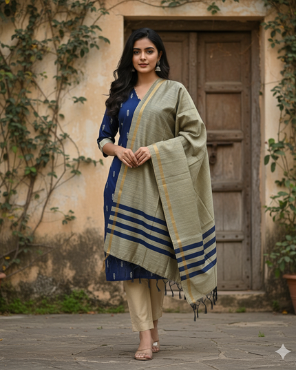 Raw Silk 3pc KurtiSet With Blue Colour Full Length Lining | Gold Dupatta