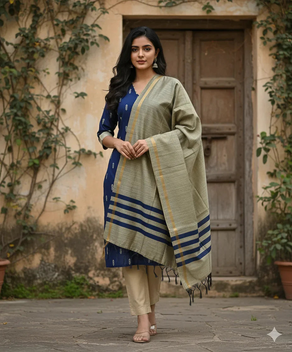 Raw Silk 3pc KurtiSet With Blue Colour Full Length Lining | Gold Dupatta