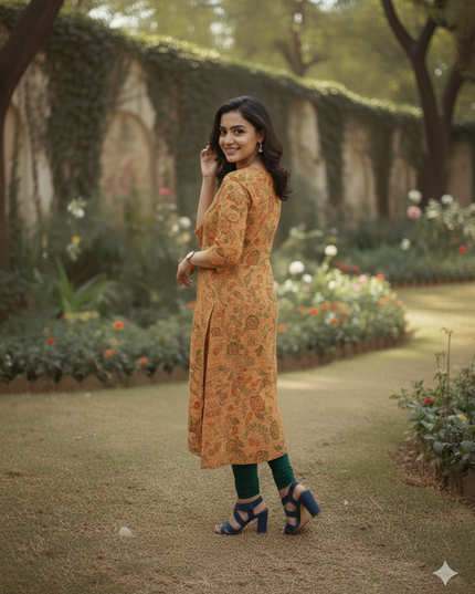 Premium Cotton Straight Cut Kurti – Fiery Orange Floral Print Design
