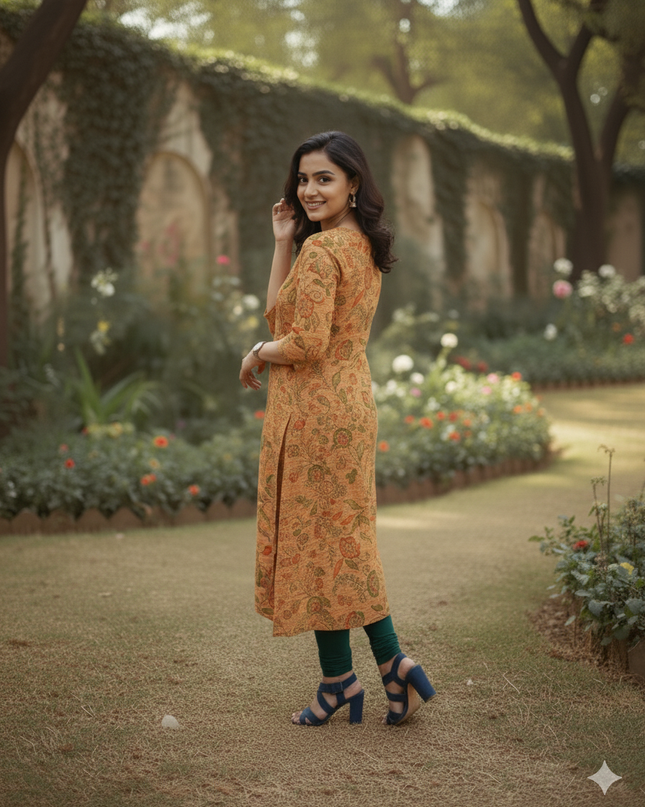 Premium Cotton Straight Cut Kurti – Fiery Orange Floral Print Design