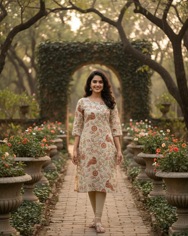 Premium Straight Cut Kurti – Cream Colour with Beautiful Floral Print