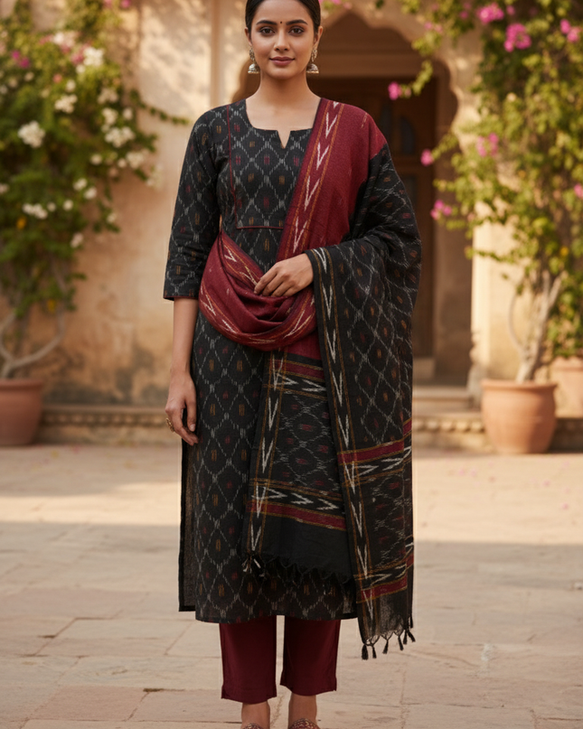 Premium Ikkat 3 Piece Stitched Set – Ready to Wear Kurta, Bottom & Dupatta – Black Colour Handloom Ethnic Wear