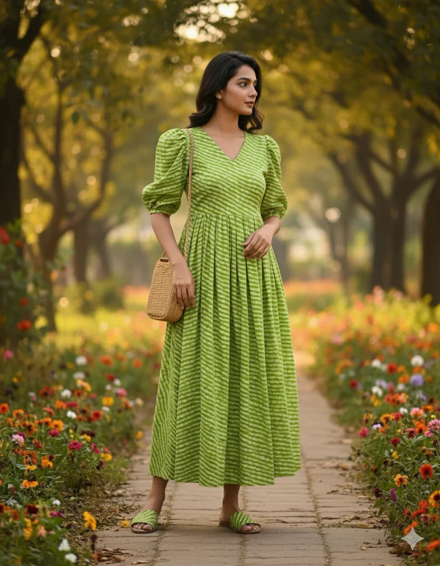 Premium Mul Cotton Frock Parrot Green – Puff Sleeve Design with Knots, Zero Shrinkage