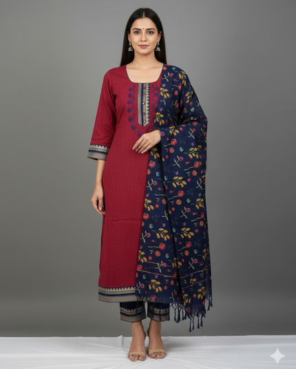 Mangalagiri Cotton Kurti Set Maroon – Straight Cut Style, Elbow Length Sleeves