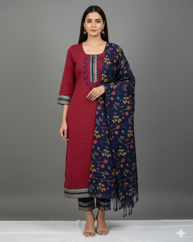 Mangalagiri Cotton Kurti Set Maroon – Straight Cut Style, Elbow Length Sleeves