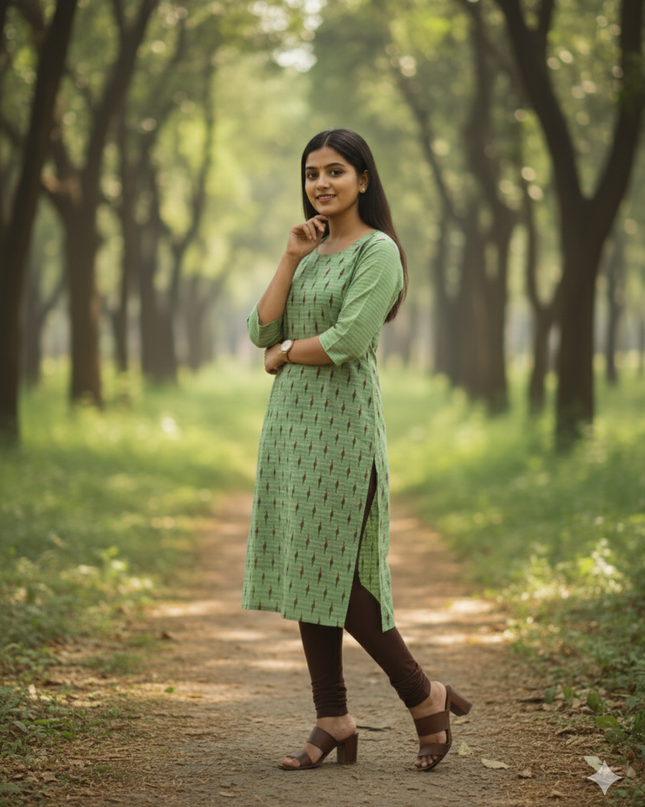 Premium Straight Cut Kurti – Leaf Green Colour with Beautiful Floral Print