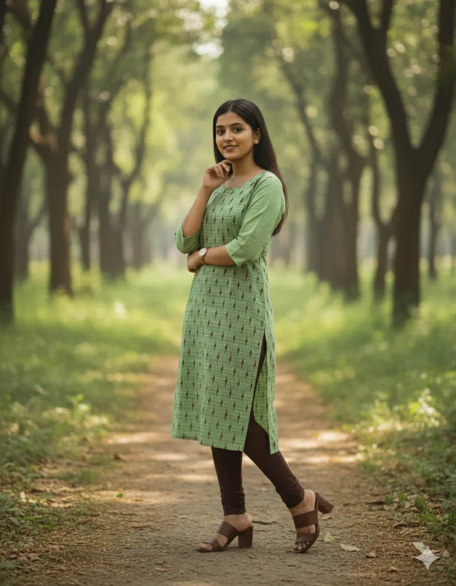 Premium Straight Cut Kurti – Leaf Green Colour with Beautiful Floral Print