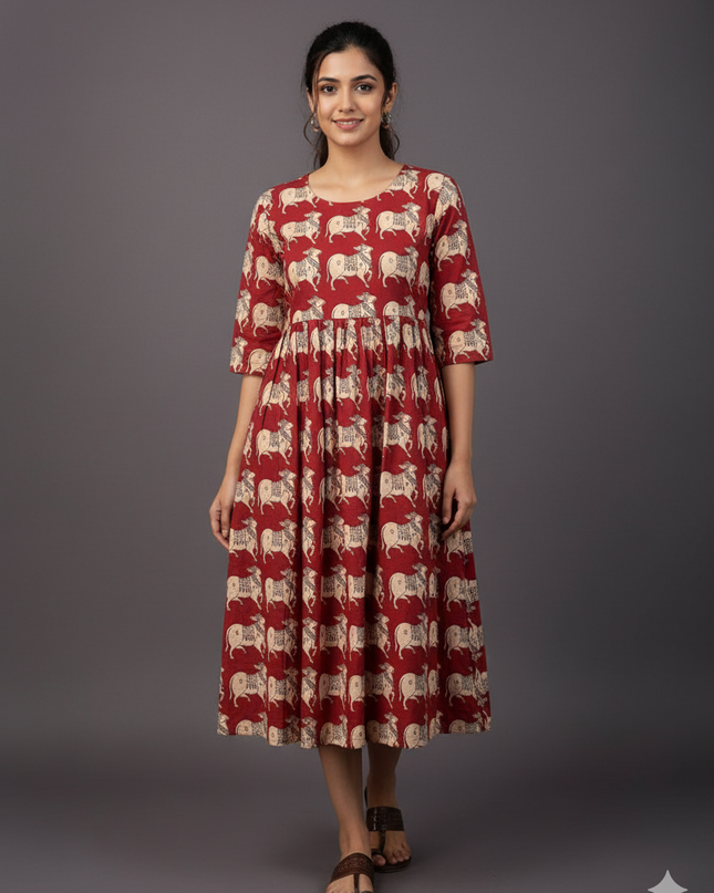 Kalamkari Pichwai Cow Design Frock – Red Colour | Handloom Ethnic Wear with Half Lining