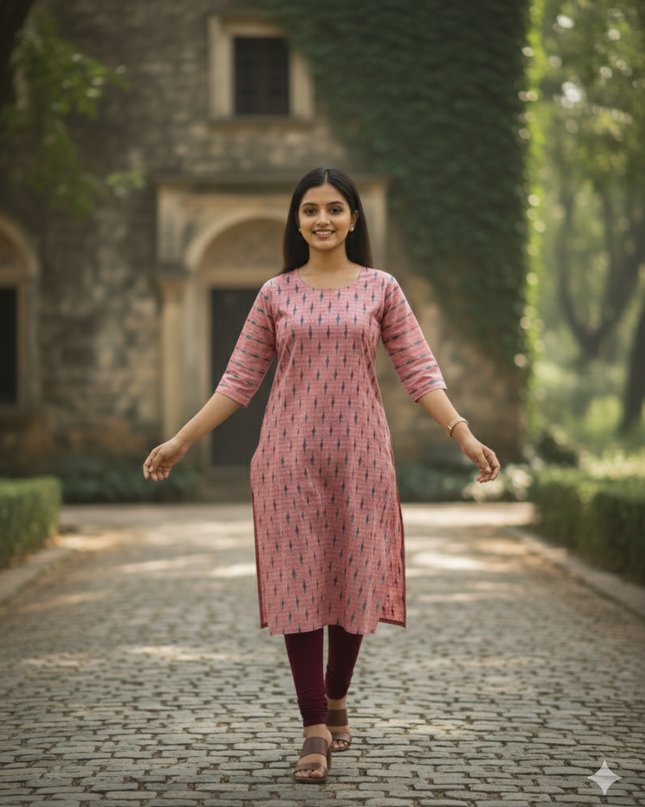 Premium Cotton Straight Cut Kurti – Pink Floral Print Design for Women