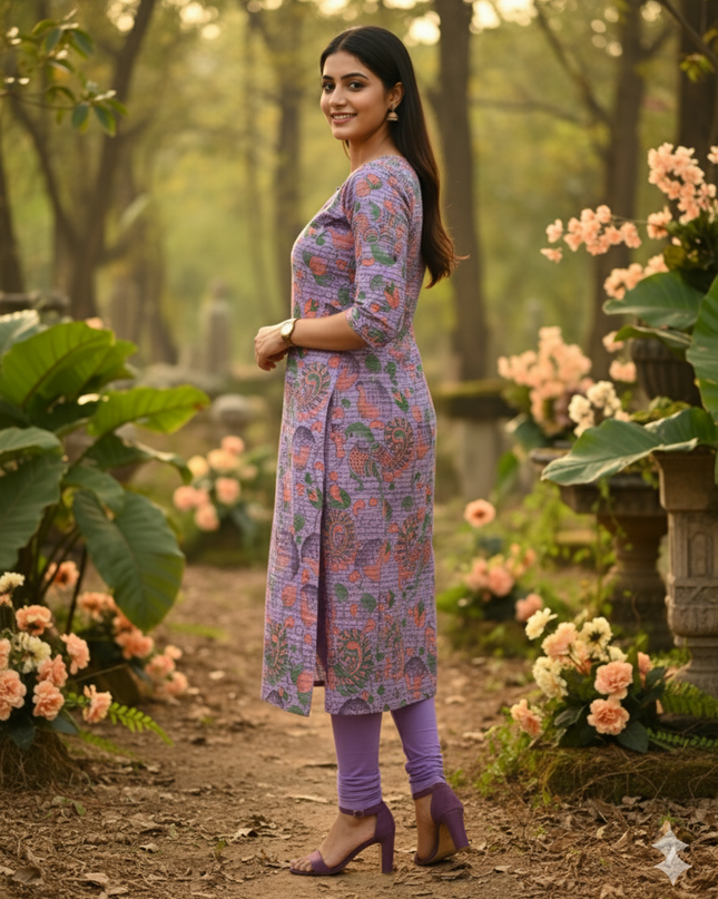 Premium Cotton Straight Cut Kurti – Grape Floral Print Design for Women