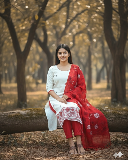 Jacquard Cotton Kurti Set Half White & Red – Straight Cut Style, Elbow Length Sleeves