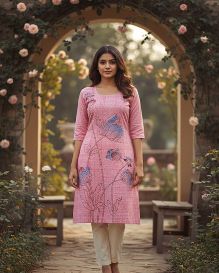 Premium Straight Cut Kurti – Pink Colour with Beautiful Floral Print