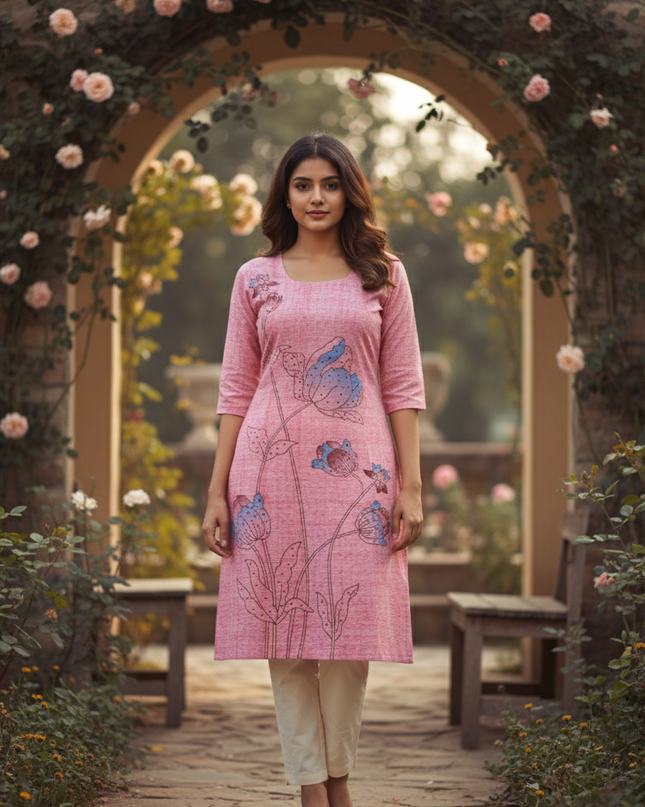 Premium Straight Cut Kurti – Pink Colour with Beautiful Floral Print