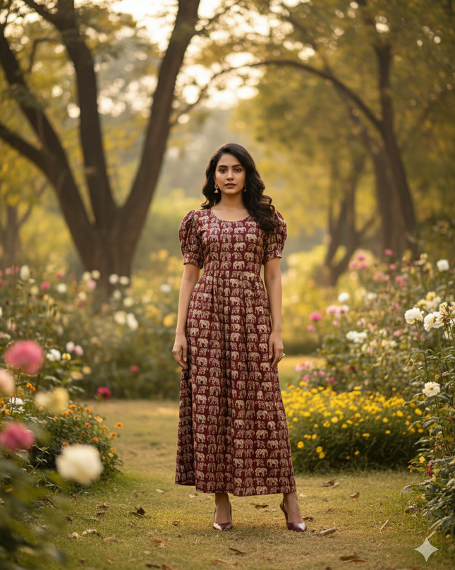 Premium Mul Cotton Frock Maroon – Puff Sleeve Design with Knots, Zero Shrinkage