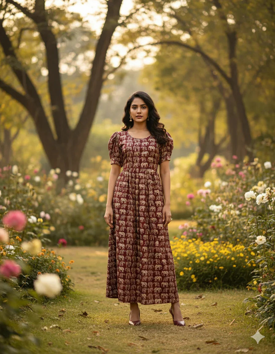 Premium Mul Cotton Frock Maroon – Puff Sleeve Design with Knots, Zero Shrinkage