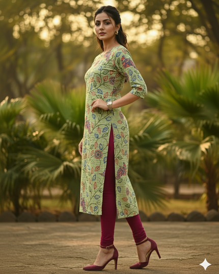 Premium Cotton Straight Cut Kurti – Green Floral Print Design for Women