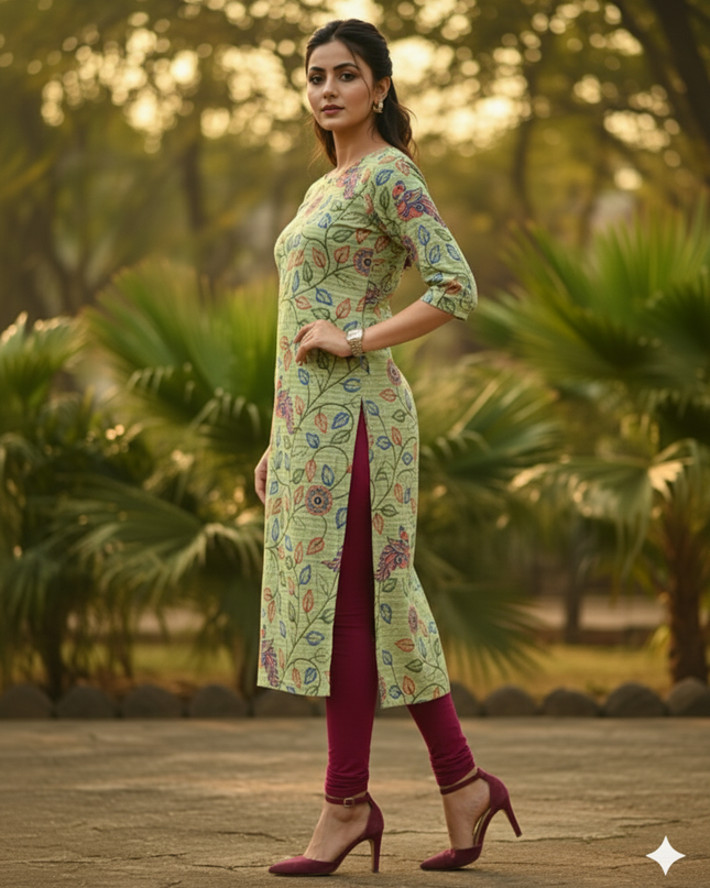 Premium Cotton Straight Cut Kurti – Green Floral Print Design for Women
