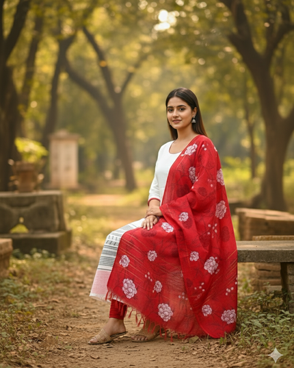 Jacquard Kurti Set Half White & Red – Elegant Straight Cut Style for Women