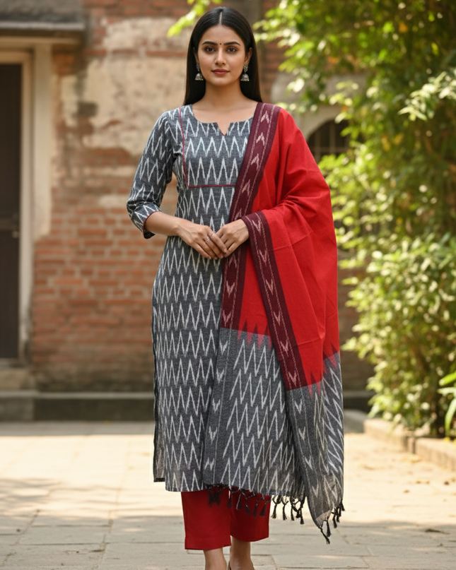 Premium Ikkat 3 Piece Stitched Set – Ready to Wear Kurta, Bottom & Dupatta –Light Gray Colour Handloom Ethnic Wear
